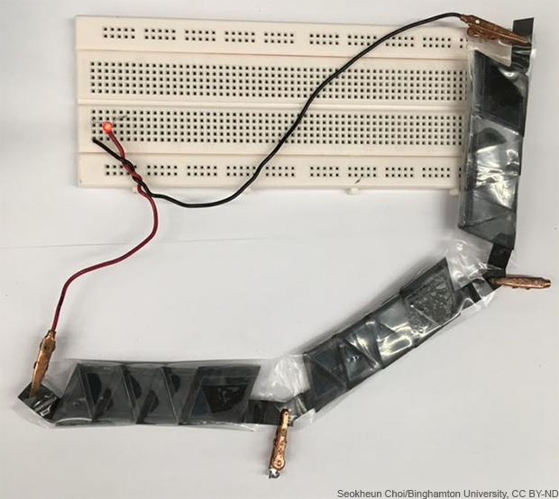 A group of folded batteries can power a paper-based electronic device (Seokheun Choi/Binghamton University, CC BY-ND)